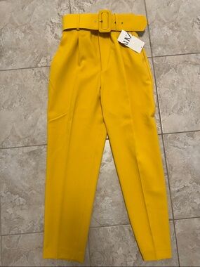Zara Mustard Yellow High-Waist Belted Trousers